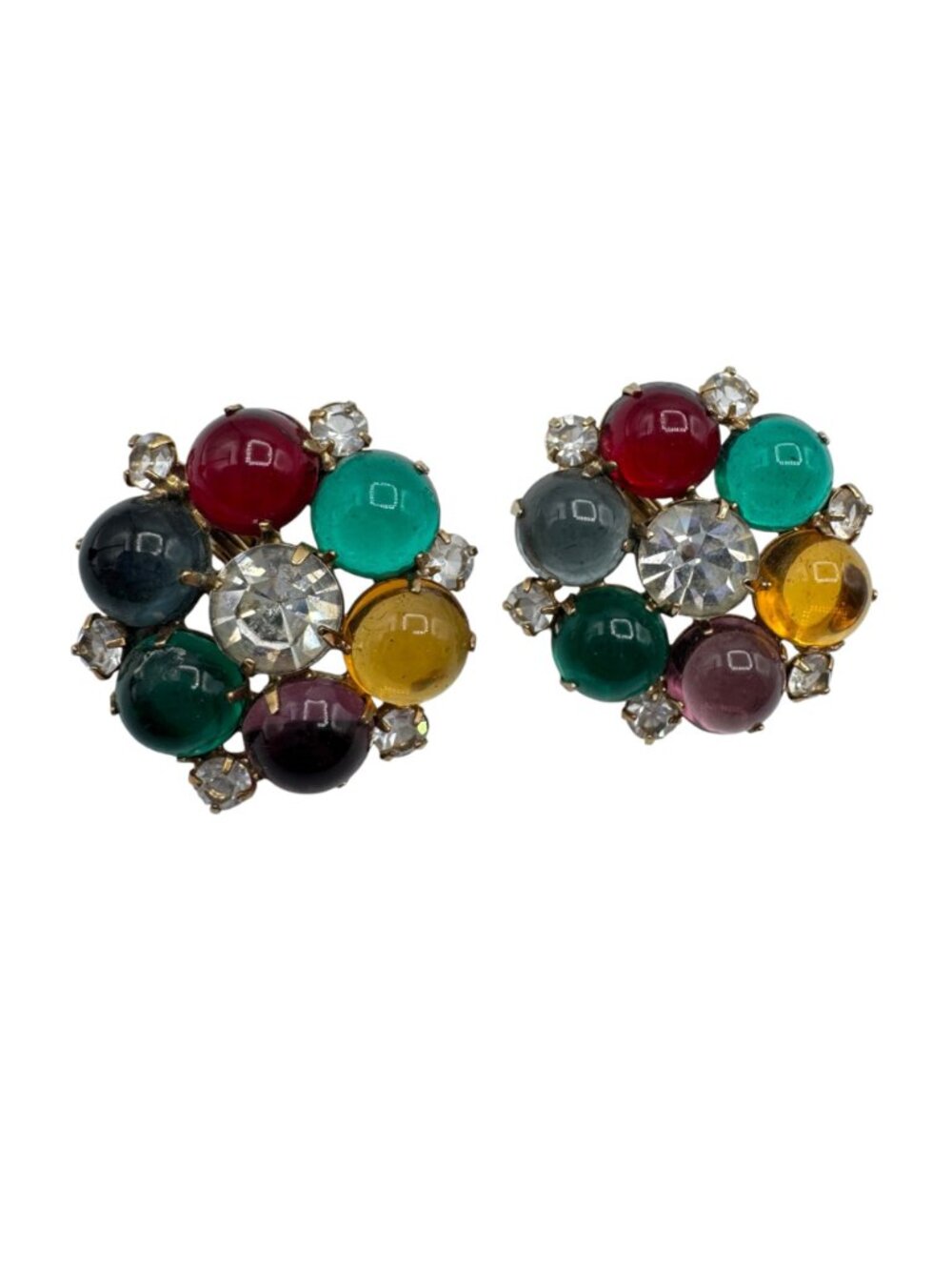 Vintage Fruit Salad Cluster Earrings Clip Multi-Color Glass Prong Set Gold Tone - Picture 2 of 11